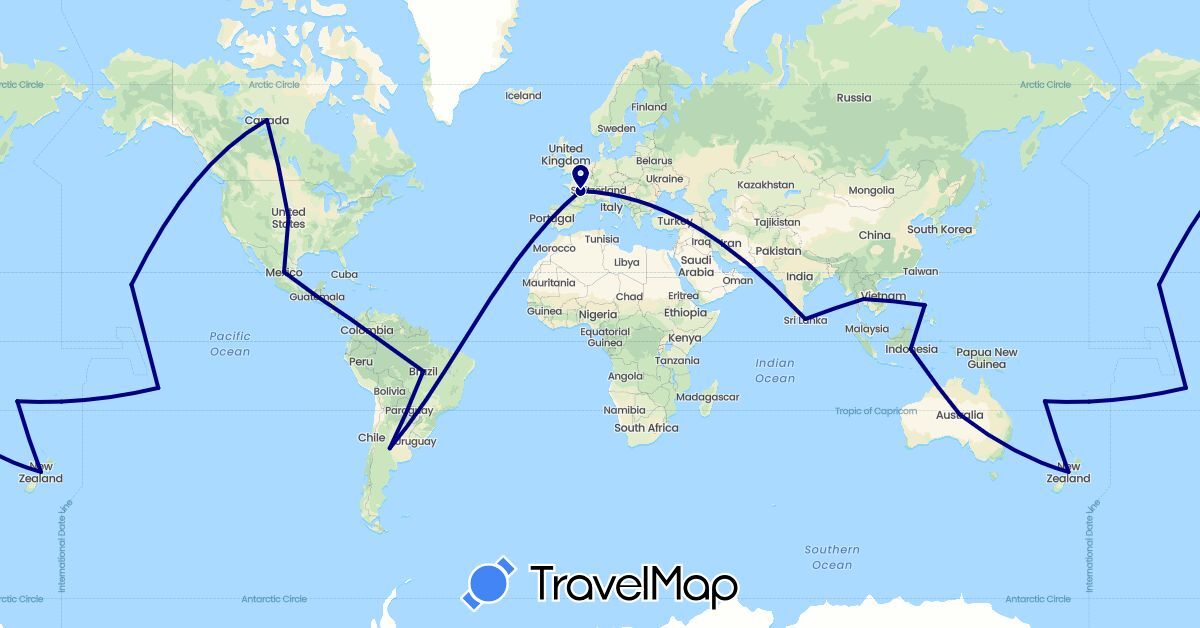 TravelMap itinerary: driving in Argentina, Australia, Brazil, Canada, France, Guatemala, Sri Lanka, Mexico, New Zealand, Philippines, Thailand, United States (Asia, Europe, North America, Oceania, South America)